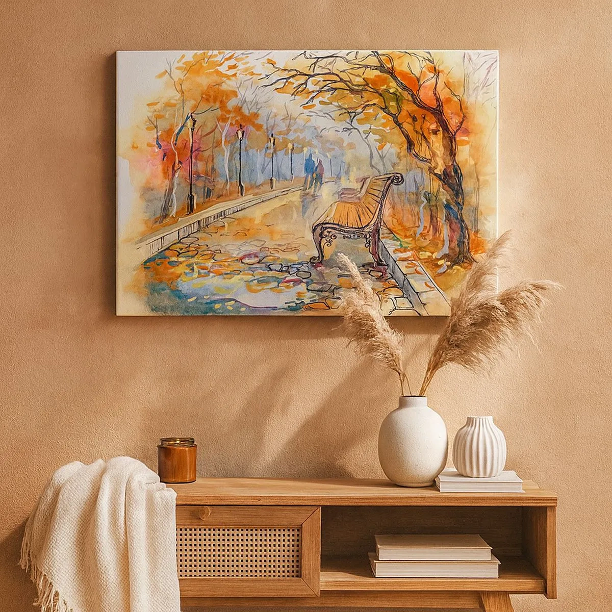 Obraz na plátně - Podzimní park s lavičkou v akvarelu - 70x50cm - Společně putovat podzimem - Moderní nástěnná dekorace do obývacího pokoje a ložnice ARTTOR