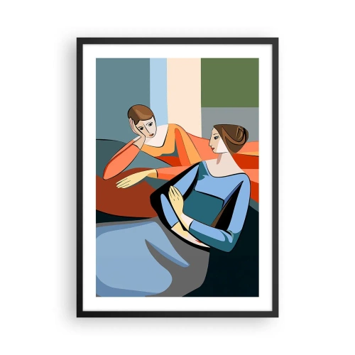 Plakát v černém rámu - Moderní ilustrace dvou žen v kubistickém stylu. - 50x70cm - Chvíle svěření - Moderní nástěnná dekorace do obývacího pokoje a ložnice ARTTOR