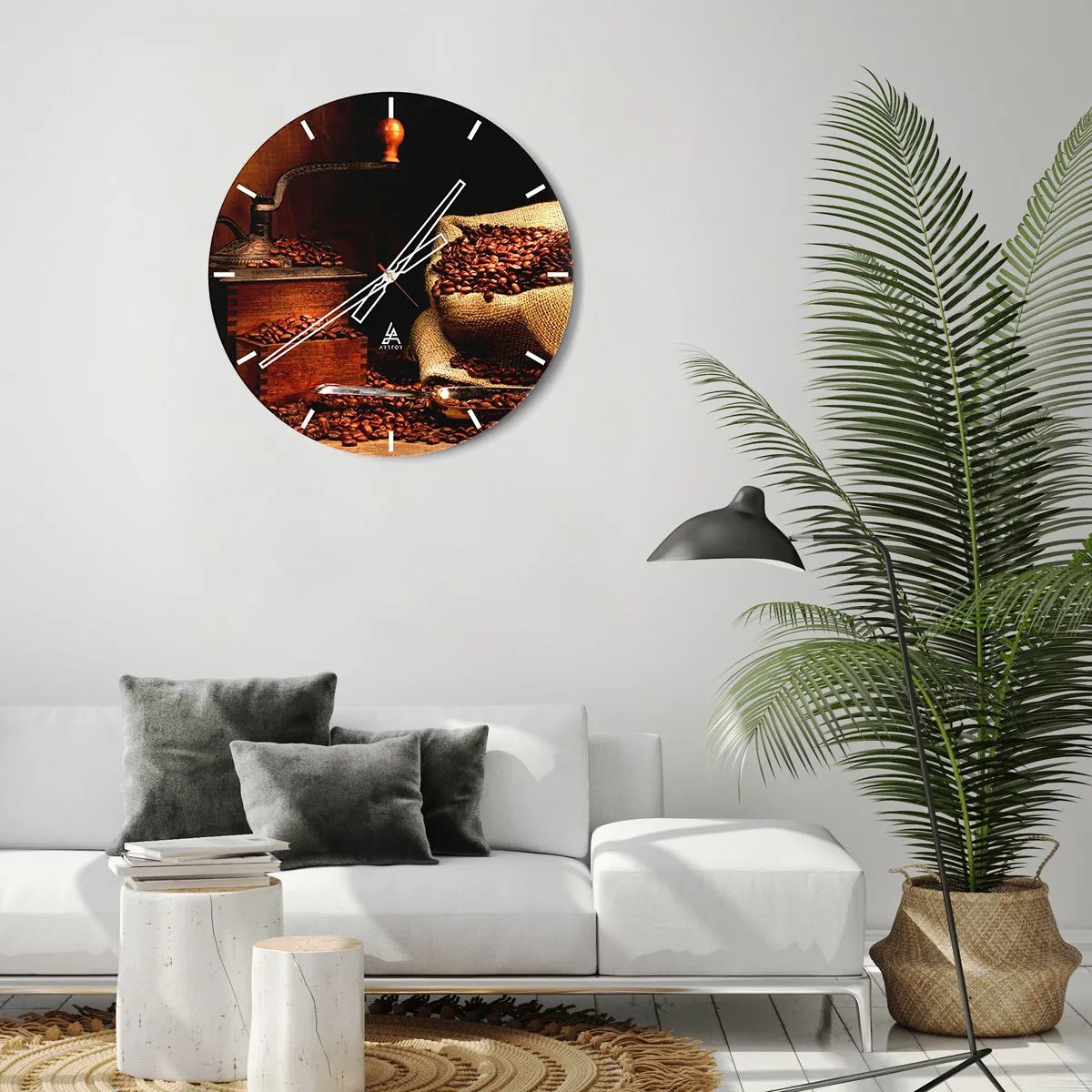 Nástěnné hodiny - Zátiší se zrnky kávy a mlýnkem - 40x40 cm