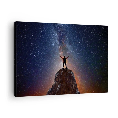 Obraz na plátně - Postava na vrcholu hory pod hvězdnou oblohou - 70x50cm - Síla je se mnou! - Moderní nástěnná dekorace do obývacího pokoje a ložnice ARTTOR