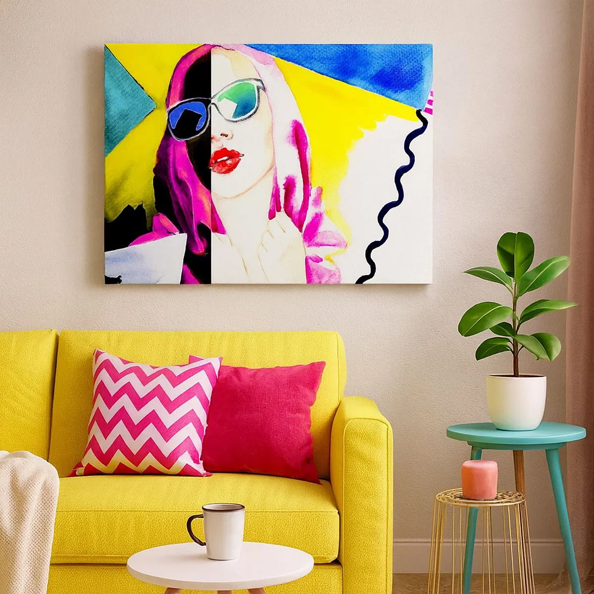 Obraz na plátně - Barevný portrét ženy se slunečními brýlemi - 70x50cm - Nejsem bílá a nejsem černá - Moderní nástěnná dekorace do obývacího pokoje a ložnice ARTTOR