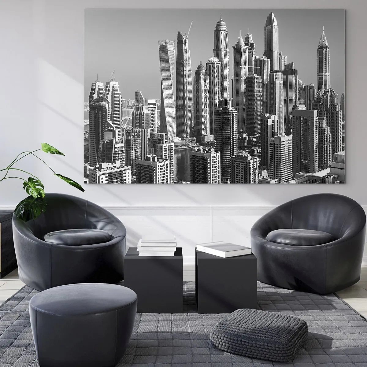 Obraz na skle - Černobílé panorama městských mrakodrapů - 70x50cm - Město nad pouští - Moderní nástěnná dekorace do obývacího pokoje a ložnice ARTTOR