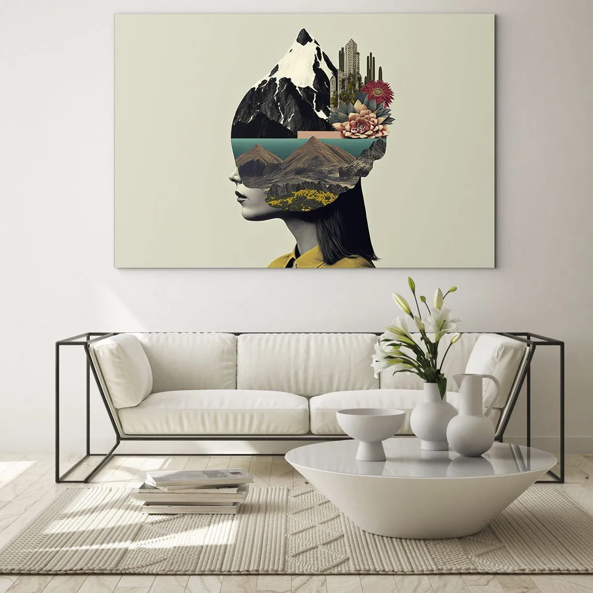 Obraz na skle - Silueta ženy s horskou krajinou a flórou v hlavě - 70x50cm - Žena – vždy tajemství - Moderní nástěnná dekorace do obývacího pokoje a ložnice ARTTOR