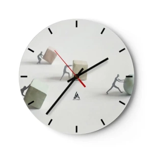 Nástěnné hodiny - Postavy tlačící kostky a míč symbolizující úsilí - 30x30cm - Život samotný - Moderní nástěnná dekorace do obývacího pokoje, kuchyně a ložnice ARTTOR