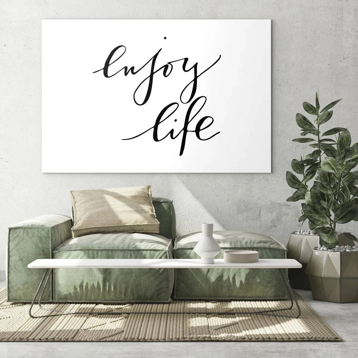 Obraz na skle - Minimalistický nápis „Užij si života“ v černé barvě na bílém pozadí - 70x50cm - Není co dodat… - Moderní nástěnná dekorace do obývacího pokoje a ložnice ARTTOR
