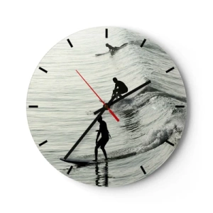 Nástěnné hodiny - Surfaři chytající ranní vlny na klidném moři - 30x30cm - Za vlnou - Moderní nástěnná dekorace do obývacího pokoje, kuchyně a ložnice ARTTOR