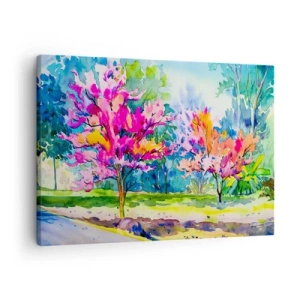 Obraz na plátně - Barevné stromy v parku ve stylu akvarelu - 70x50cm - Duhová zahrada v jarním lesku - Moderní nástěnná dekorace do obývacího pokoje a ložnice ARTTOR