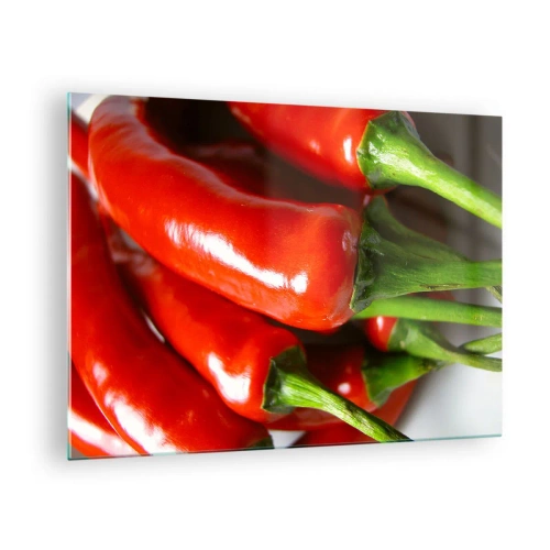 Obraz na skle - Červené chilli papričky se zelenými stonky - 70x50cm - Šťavnaté, lesklé, hladké - Moderní nástěnná dekorace do obývacího pokoje a ložnice ARTTOR
