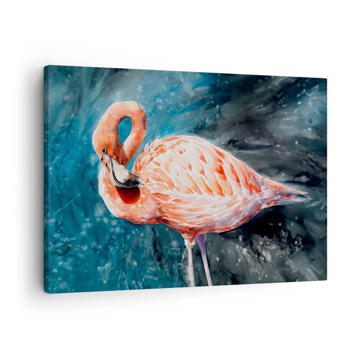 Obraz na plátně - Růžový plameňák na akvarelovém modrém pozadí - 70x50cm - Dekorativní od přírody - Moderní nástěnná dekorace do obývacího pokoje a ložnice ARTTOR