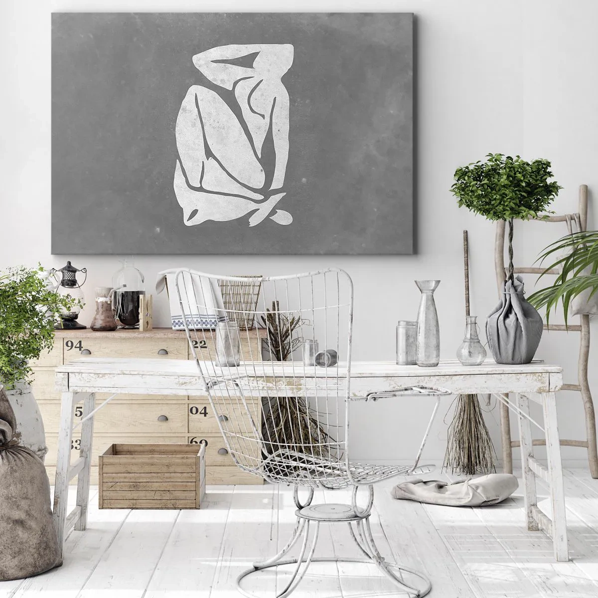 Obraz na plátně - Minimalistická silueta kresba na šedém pozadí - 70x50cm - V zádumčivosti - Moderní nástěnná dekorace do obývacího pokoje a ložnice ARTTOR