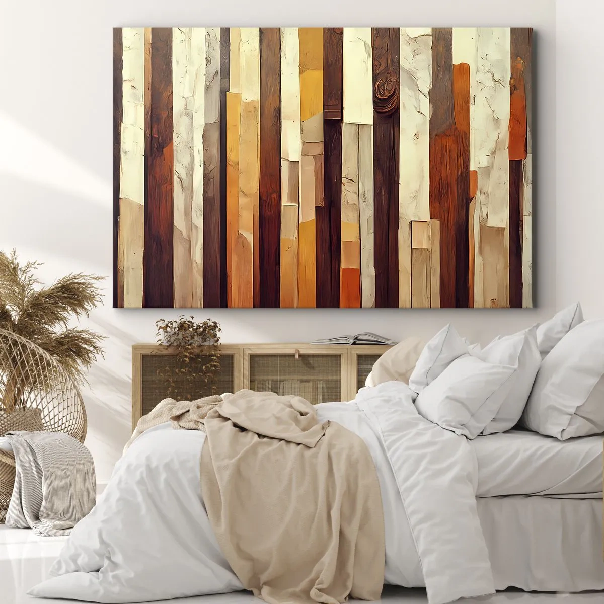 Obraz na plátně - Geometrická kompozice v odstínech dřeva a zlata - 70x50cm - Hymna lesních stromů - Moderní nástěnná dekorace do obývacího pokoje a ložnice ARTTOR