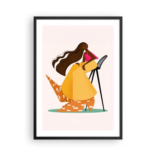 Plakát v černém rámu - Stylizovaná ženská postava v teplých barvách na abstraktním pozadí. - 50x70cm - Móda je také zábava - Moderní nástěnná dekorace do obývacího pokoje a ložnice ARTTOR