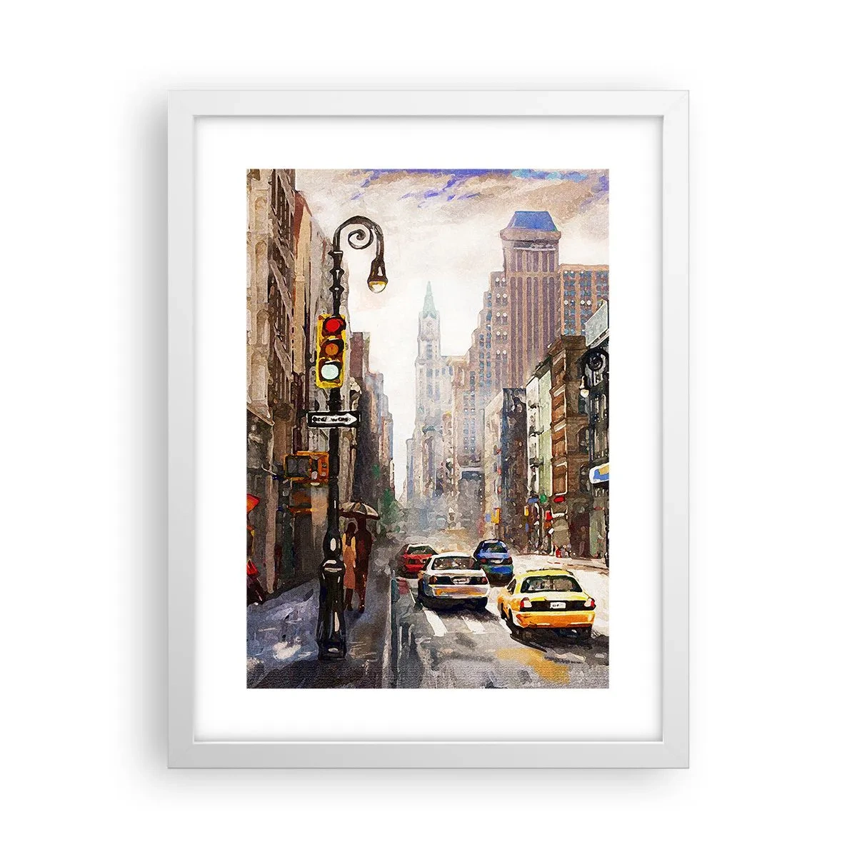 Plakát v bílém rámu - New York – barevný i v dešti - 30x40 cm