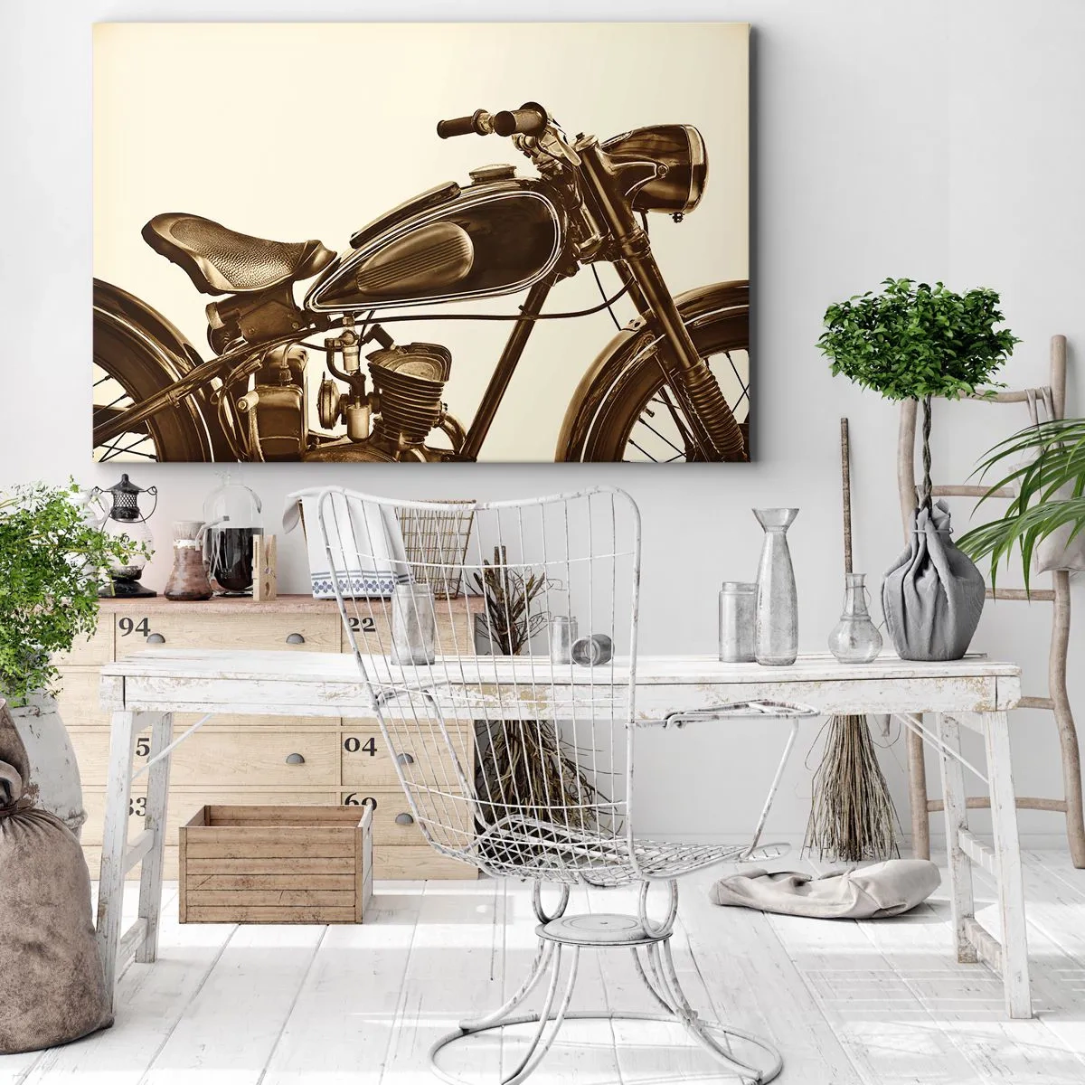 Obraz na plátně - Vintage retro motocykl na světlém pozadí - 70x50cm - Stesk po klasice - Moderní nástěnná dekorace do obývacího pokoje a ložnice ARTTOR