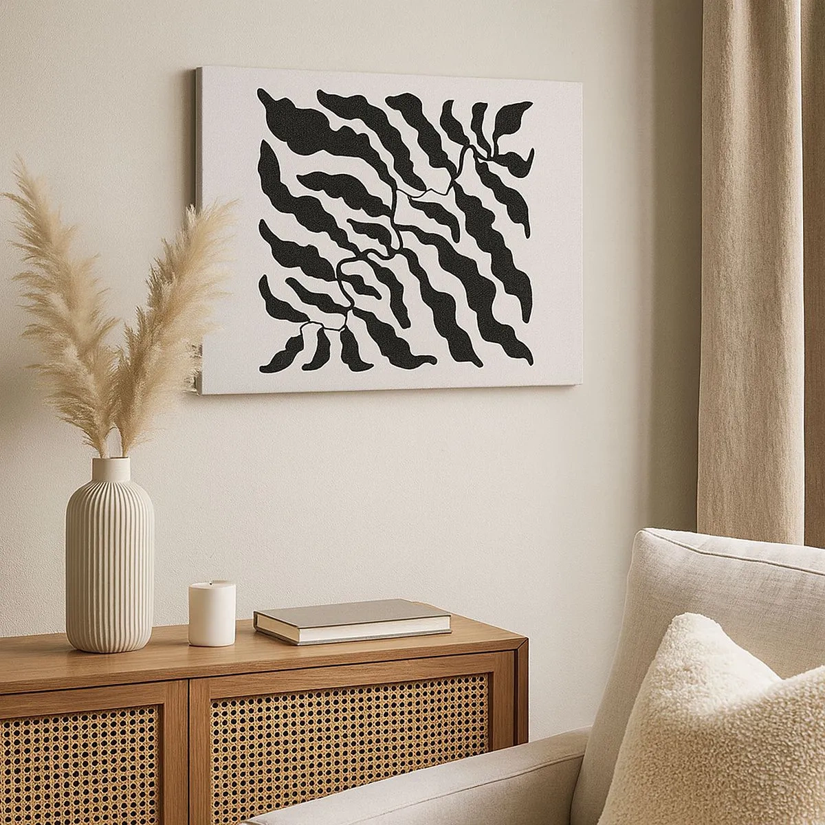 Obraz na plátně - Větvičky s listy v černé barvě na světlém pozadí - 70x50cm - Povaha čtverce - Moderní nástěnná dekorace do obývacího pokoje a ložnice ARTTOR