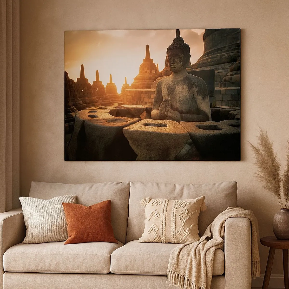 Obraz na plátně - Socha Buddhy v chrámu Borobudur při západu slunce - 70x50cm - Počasí velké moudrosti - Moderní nástěnná dekorace do obývacího pokoje a ložnice ARTTOR