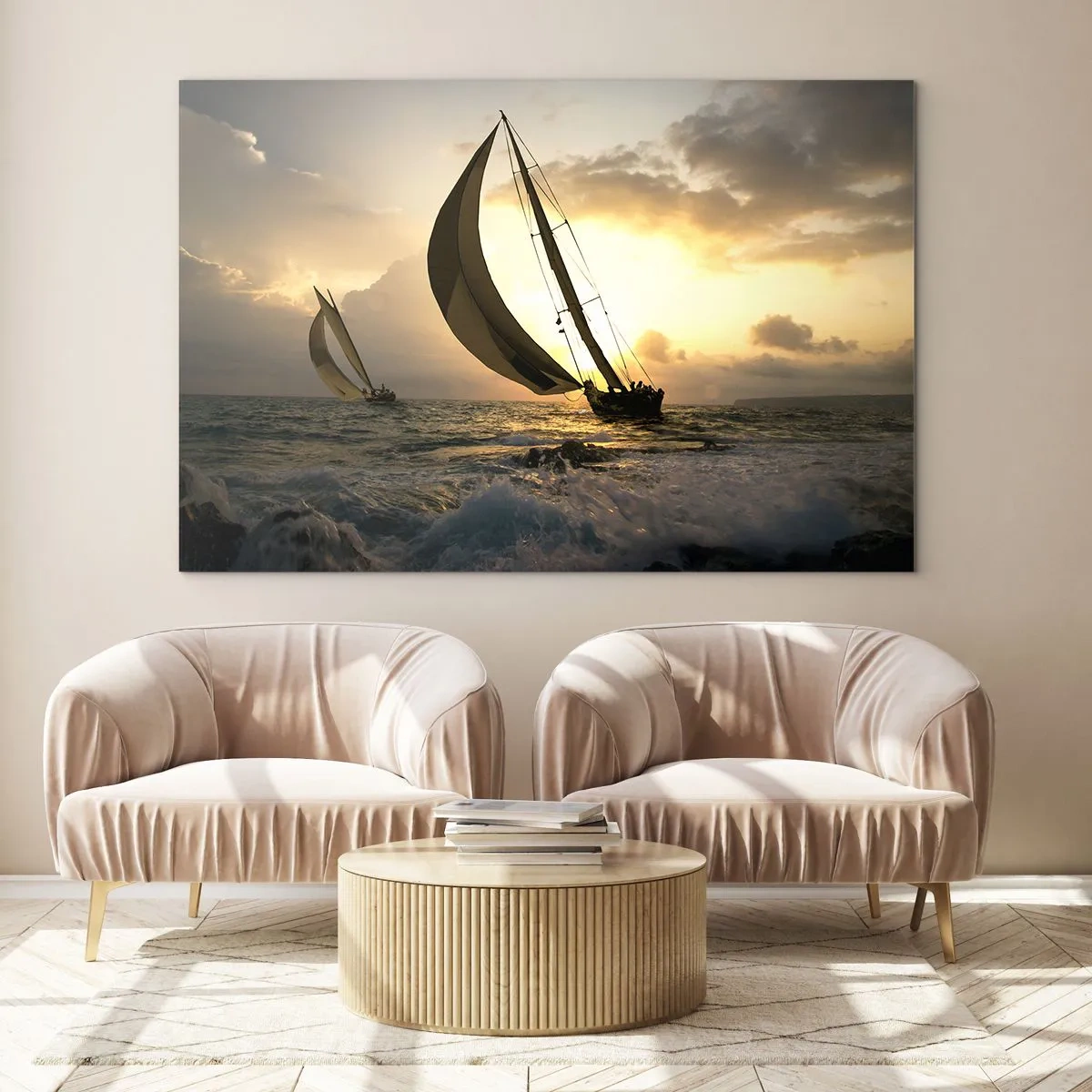 Obraz na skle - Plachetnice v rozbouřeném moři při západu slunce - 70x50cm - S větrem a proti větru - Moderní nástěnná dekorace do obývacího pokoje a ložnice ARTTOR