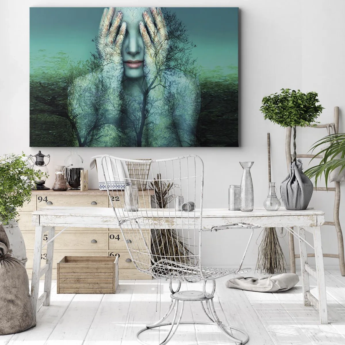 Obraz na plátně - Ženská postava s motivem stromu na tyrkysovém pozadí krajiny - 70x50cm - Ponořená do modré - Moderní nástěnná dekorace do obývacího pokoje a ložnice ARTTOR