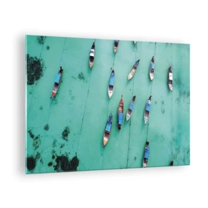 Obraz na skle - Lodě na tyrkysové vodě shora - 70x50cm - V radostném očekávání - Moderní nástěnná dekorace do obývacího pokoje a ložnice ARTTOR