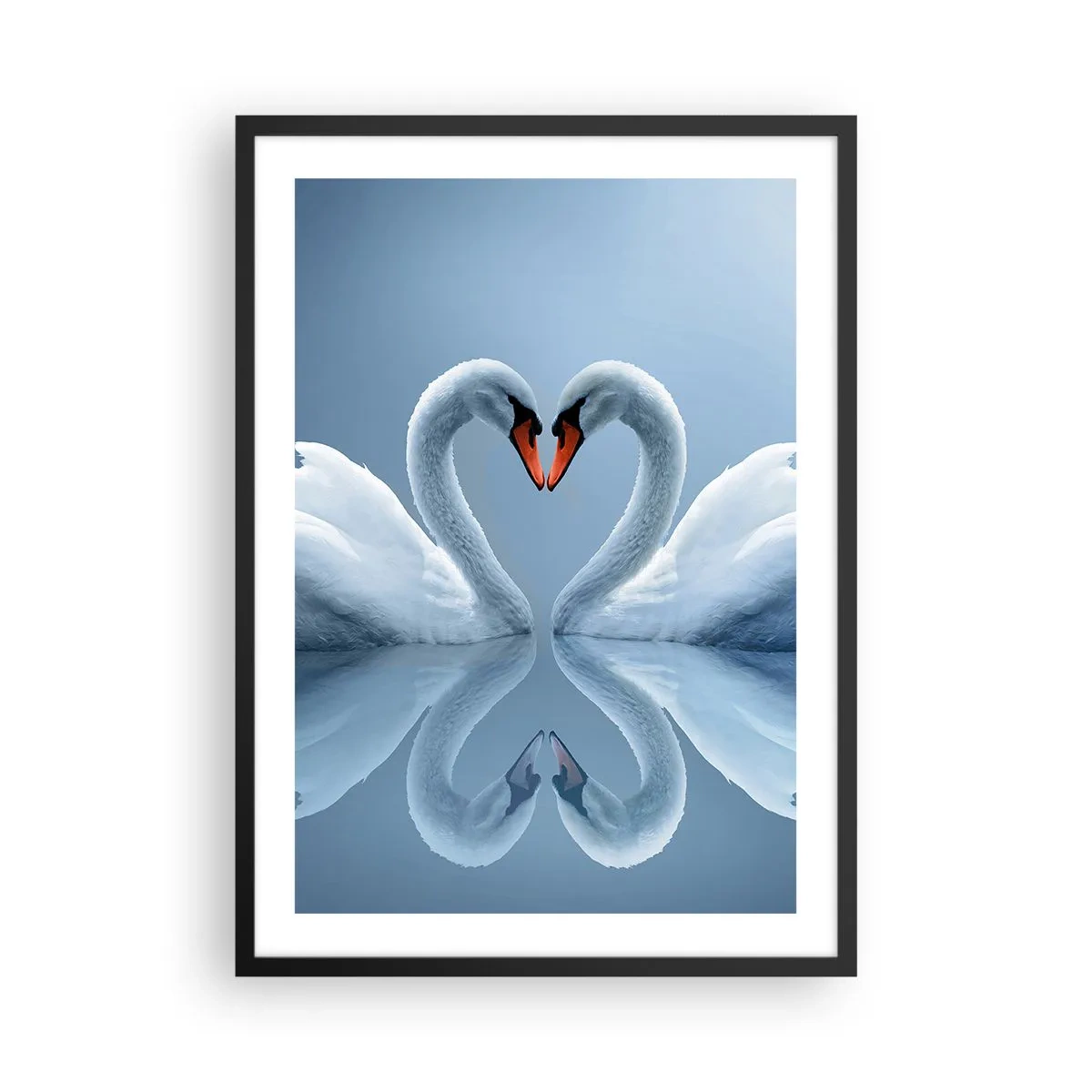 Plakát v černém rámu - Labutě ve tvaru srdce proti obloze - 50x70cm - Čas na lásku - Moderní nástěnná dekorace do obývacího pokoje a ložnice ARTTOR