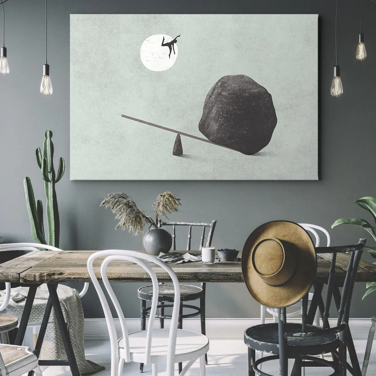 Obraz na plátně - Symbolická scéna s postavou a rovnováhou na pozadí jasné oblohy. - 70x50cm - Splněný sen - Moderní nástěnná dekorace do obývacího pokoje a ložnice ARTTOR