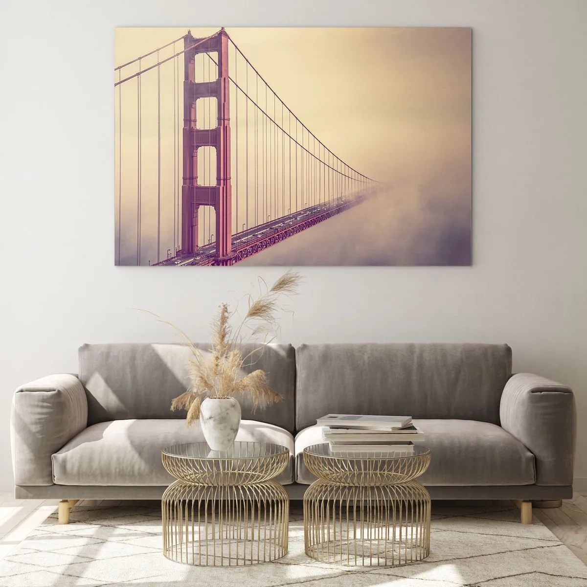 Obraz na skle - Golden Gate Bridge v San Franciscu v mlhavé krajině - 70x50cm - Mezi nebem a zemí - Moderní nástěnná dekorace do obývacího pokoje a ložnice ARTTOR