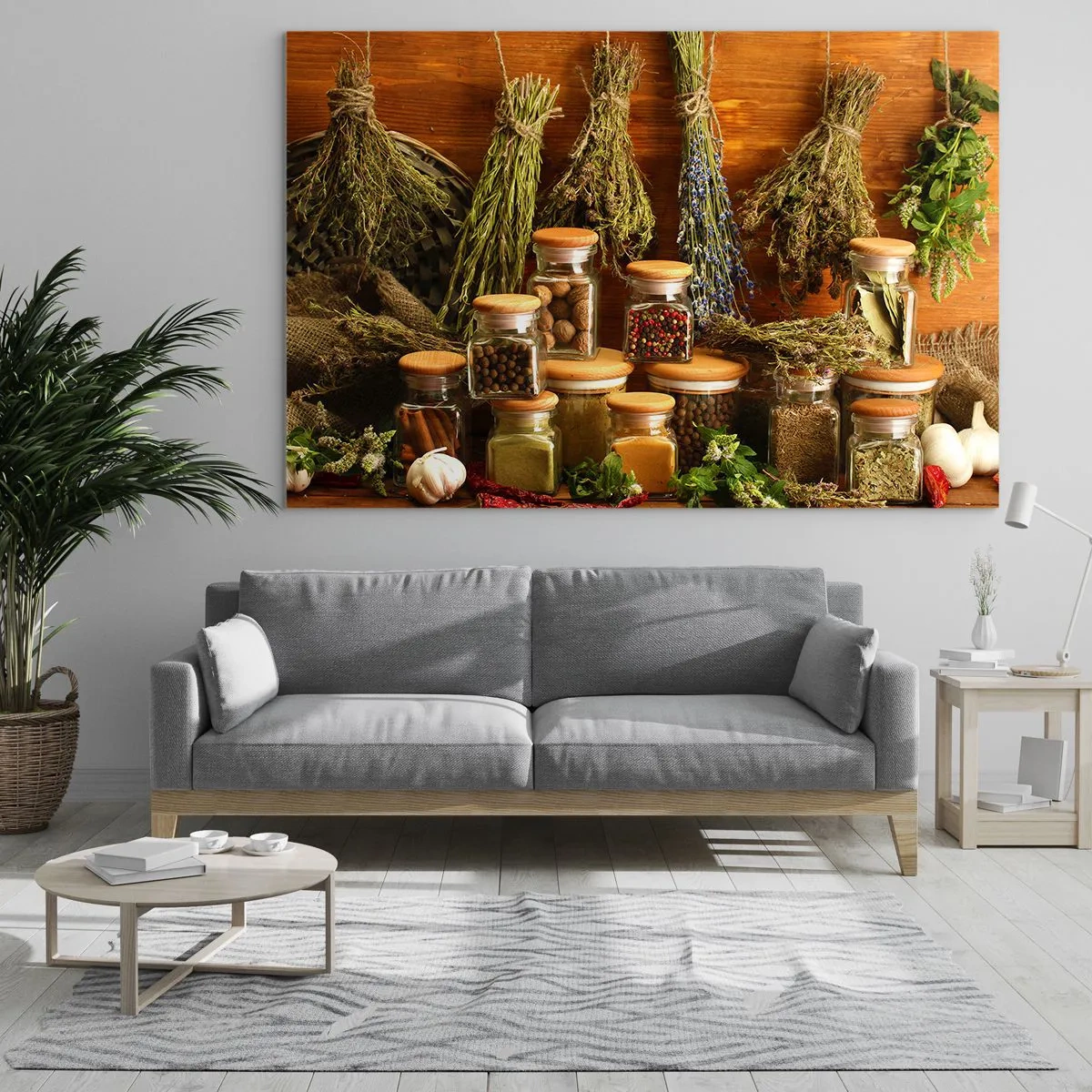 Obraz na skle - Bylinky a koření ve sklenicích na dřevěném pozadí - 70x50cm - Kuchyňská kouzla - Moderní nástěnná dekorace do obývacího pokoje a ložnice ARTTOR