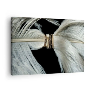 Obraz na plátně - Bílé pírko se dvěma zlatými kroužky na černém pozadí - 70x50cm - …a neopustím tě…. - Moderní nástěnná dekorace do obývacího pokoje a ložnice ARTTOR