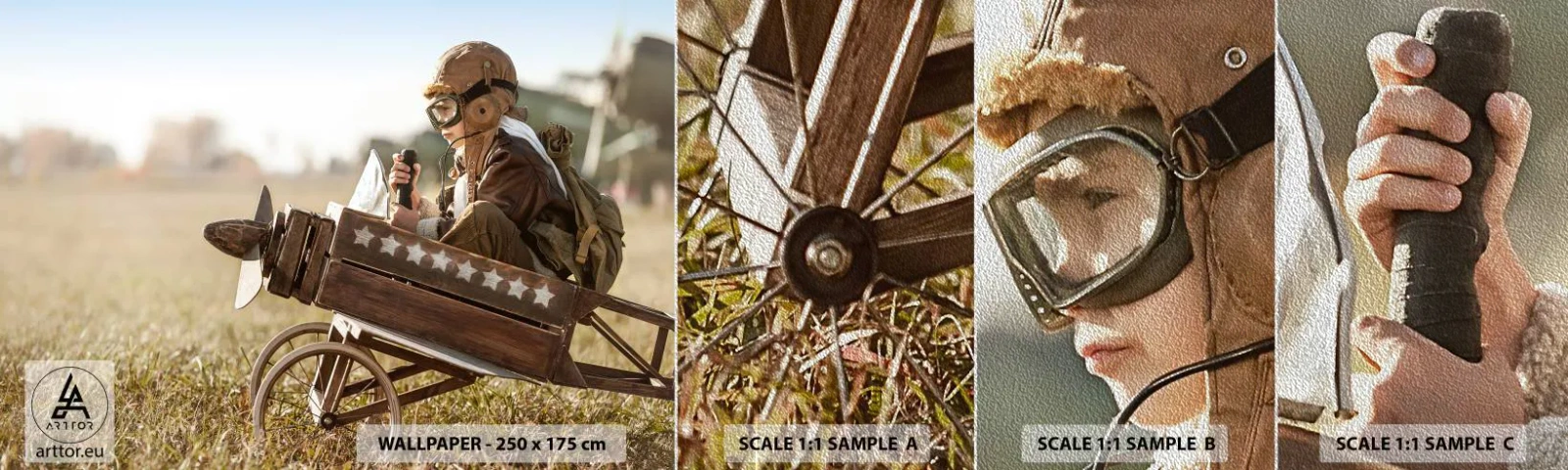 Vzor Fototapety Premium Sand - Start do snů - Chlapec, Letadlo, Vinobraní - 100x30 cm