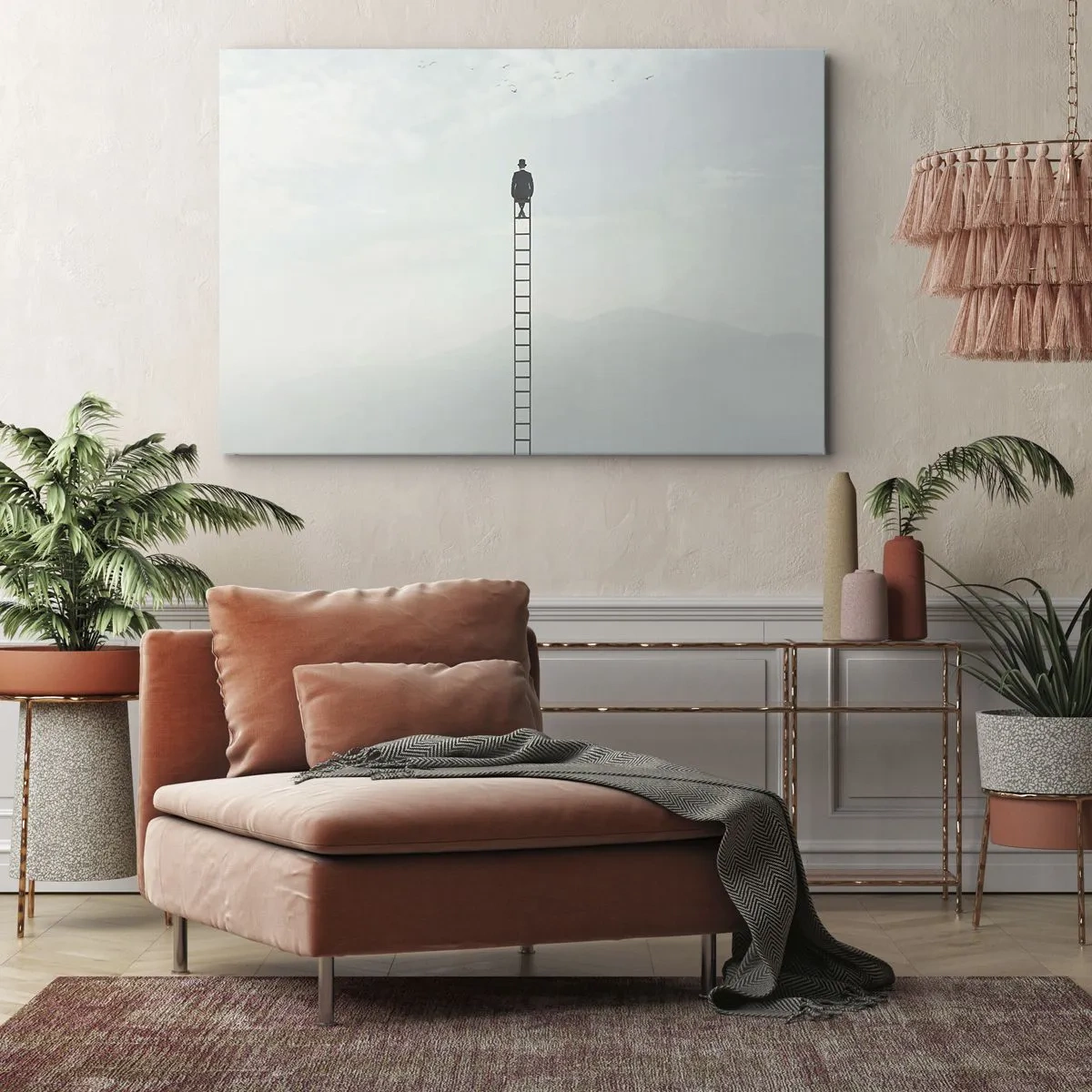 Obraz na plátně - Muž na žebříku stoupající k nebi - 70x50cm - Povznést se nad to - Moderní nástěnná dekorace do obývacího pokoje a ložnice ARTTOR