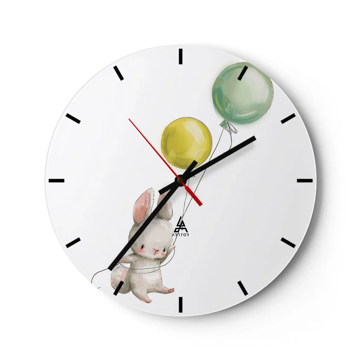 Nástěnné hodiny - Zajíček držící zelený a žlutý balónek vznášející se ve vzduchu - 30x30cm - Já poletím také! - Moderní nástěnná dekorace do obývacího pokoje, kuchyně a ložnice ARTTOR