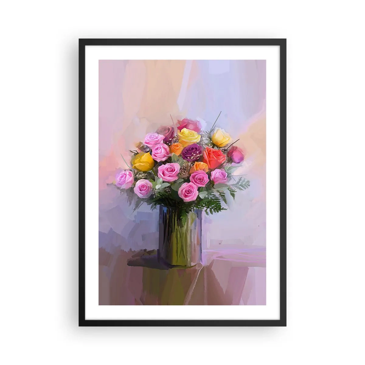 Plakát v černém rámu - Kytice růží a květin ve skleněné váze - 50x70cm - Zachycená krása - Moderní nástěnná dekorace do obývacího pokoje a ložnice ARTTOR