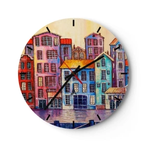 Nástěnné hodiny - Barevné činžovní domy odrážející se ve vodě v impresionistickém stylu - 30x30cm - Město jako z pohádky - Moderní nástěnná dekorace do obývacího pokoje, kuchyně a ložnice ARTTOR