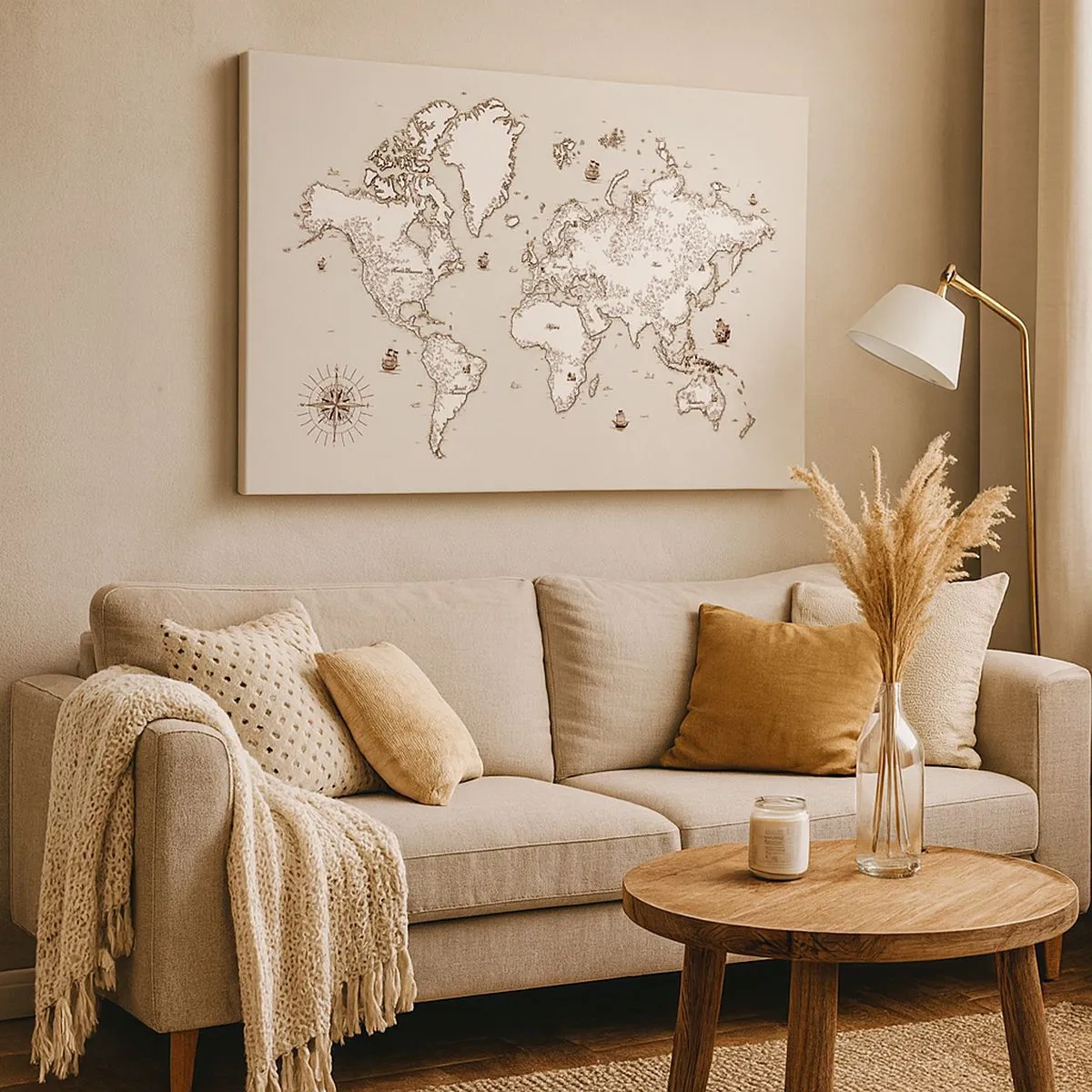 Obraz na plátně - Stylizovaná mapa světa v odstínech béžové a hnědé. - 70x50cm - Cesta kolem světa - Moderní nástěnná dekorace do obývacího pokoje a ložnice ARTTOR
