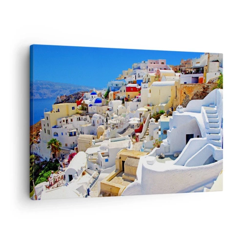 Obraz na plátně - Panorama Santorini s bílými domy a modrou oblohou - 70x50cm - Sen o řeckém létě - Moderní nástěnná dekorace do obývacího pokoje a ložnice ARTTOR