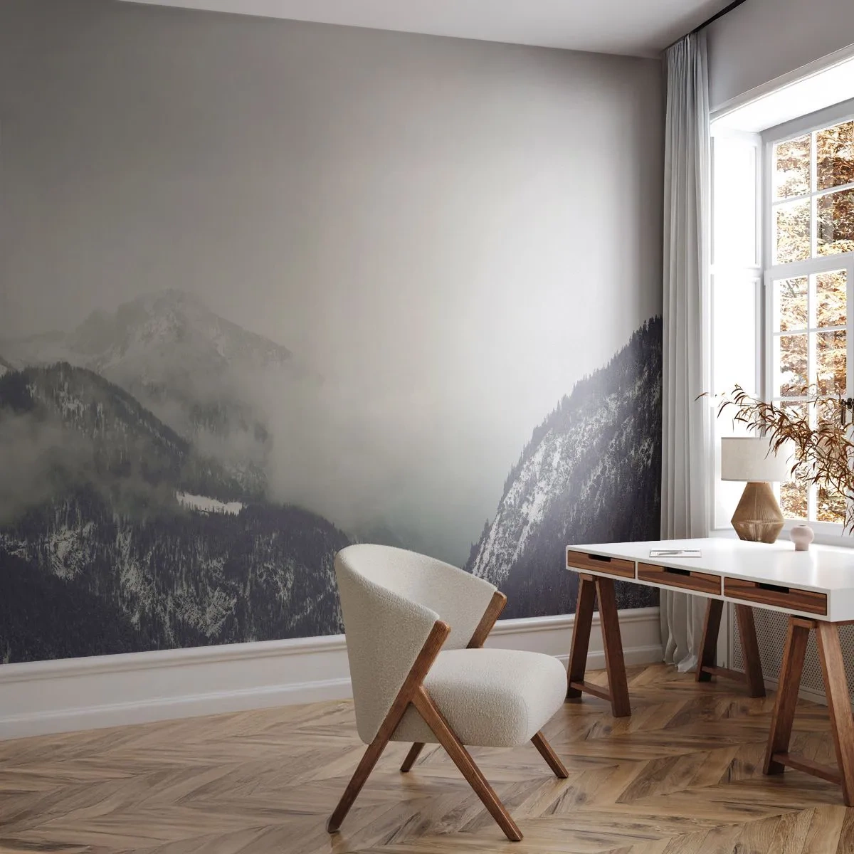 Fototapeta Standard Eco - Horská krajina zahalená v mlze v monochromatických barvách - 100x70cm - Mlžné údolí - Moderní nástěnná dekorace do obývacího pokoje a ložnice ARTTOR