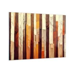 Obraz na skle - Kompozice svislých pruhů v odstínech dřeva a béžové - 70x50cm - Hymna lesních stromů - Moderní nástěnná dekorace do obývacího pokoje a ložnice ARTTOR