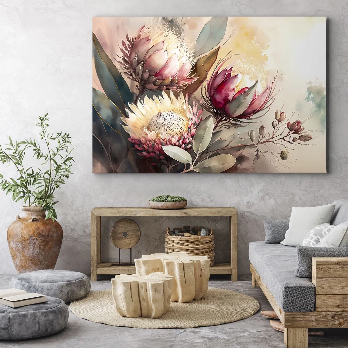 Obraz na plátně - Květy protey v jemných pastelových odstínech - 70x50cm - Z profilu a en face - Moderní nástěnná dekorace do obývacího pokoje a ložnice ARTTOR