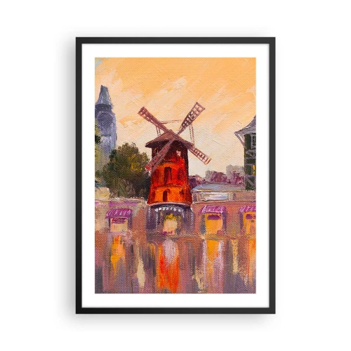 Plakát v černém rámu - Malířská interpretace slavného větrného mlýna na pozadí města - 50x70cm - Pařížské ikony – Moulin Rouge - Moderní nástěnná dekorace do obývacího pokoje a ložnice ARTTOR