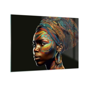 Obraz na skle - Portrét ženy s barevnou malbou a turbanem - 70x50cm - Africká královna - Moderní nástěnná dekorace do obývacího pokoje a ložnice ARTTOR