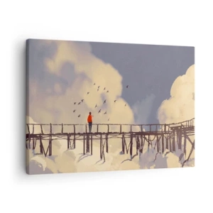 Obraz na plátně - Postava na mostě mezi mraky s ptáky na obloze - 70x50cm - Modrý stesk - Moderní nástěnná dekorace do obývacího pokoje a ložnice ARTTOR