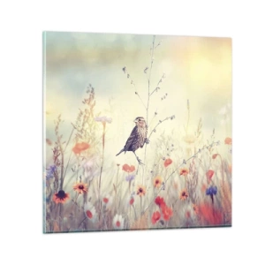 Obraz na skle - Portrét ptáka s loukou v pozadí - 60x60 cm