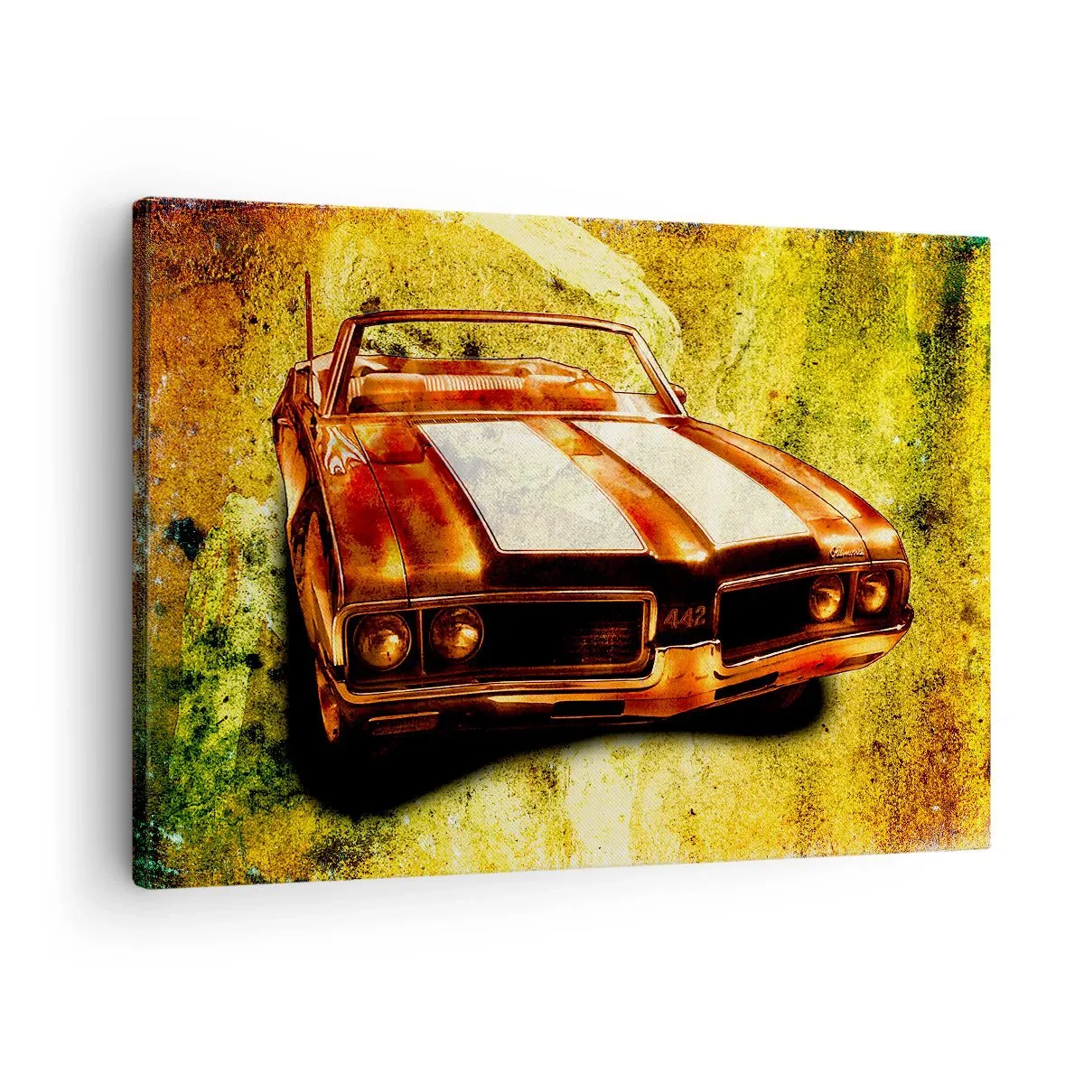 Obraz na plátně - Sportovní retro kabriolet ve zlatých tónech na vintage pozadí - 70x50cm - Síla začarovaná do tvarů - Moderní nástěnná dekorace do obývacího pokoje a ložnice ARTTOR