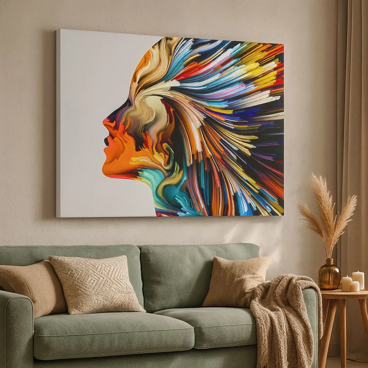 Obraz na plátně - Abstraktní profil obličeje s barevnými dynamickými liniemi. - 70x50cm - Exploze představivosti - Moderní nástěnná dekorace do obývacího pokoje a ložnice ARTTOR