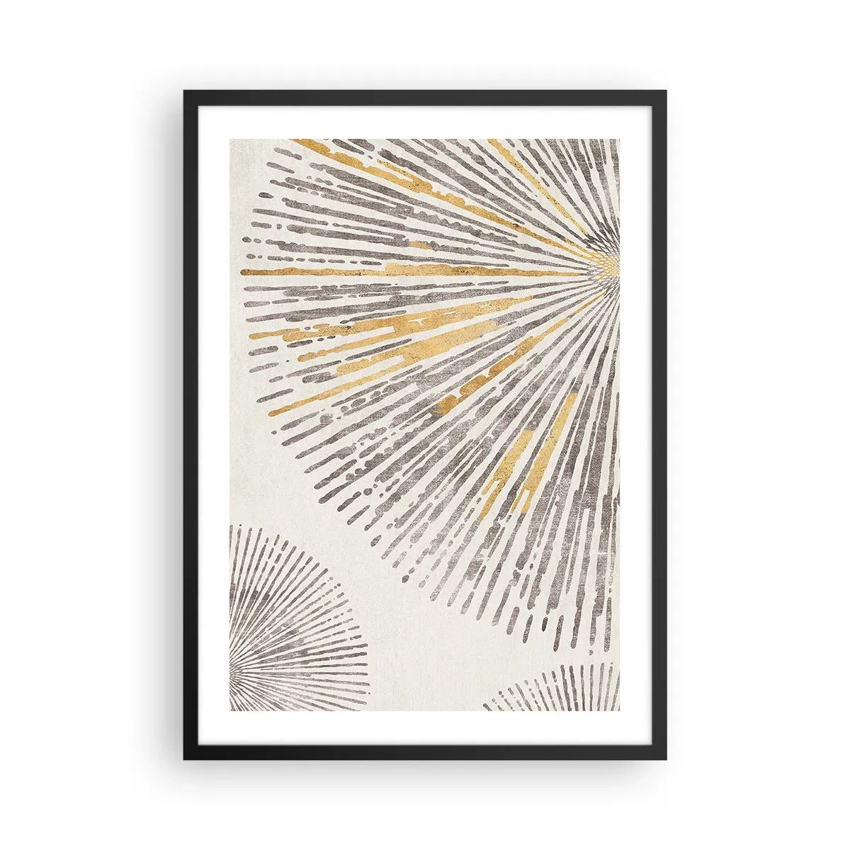 Plakát v černém rámu - Abstraktní paprskový vzor v odstínech zlaté a hnědé - 50x70cm - Krása paprsku - Moderní nástěnná dekorace do obývacího pokoje a ložnice ARTTOR