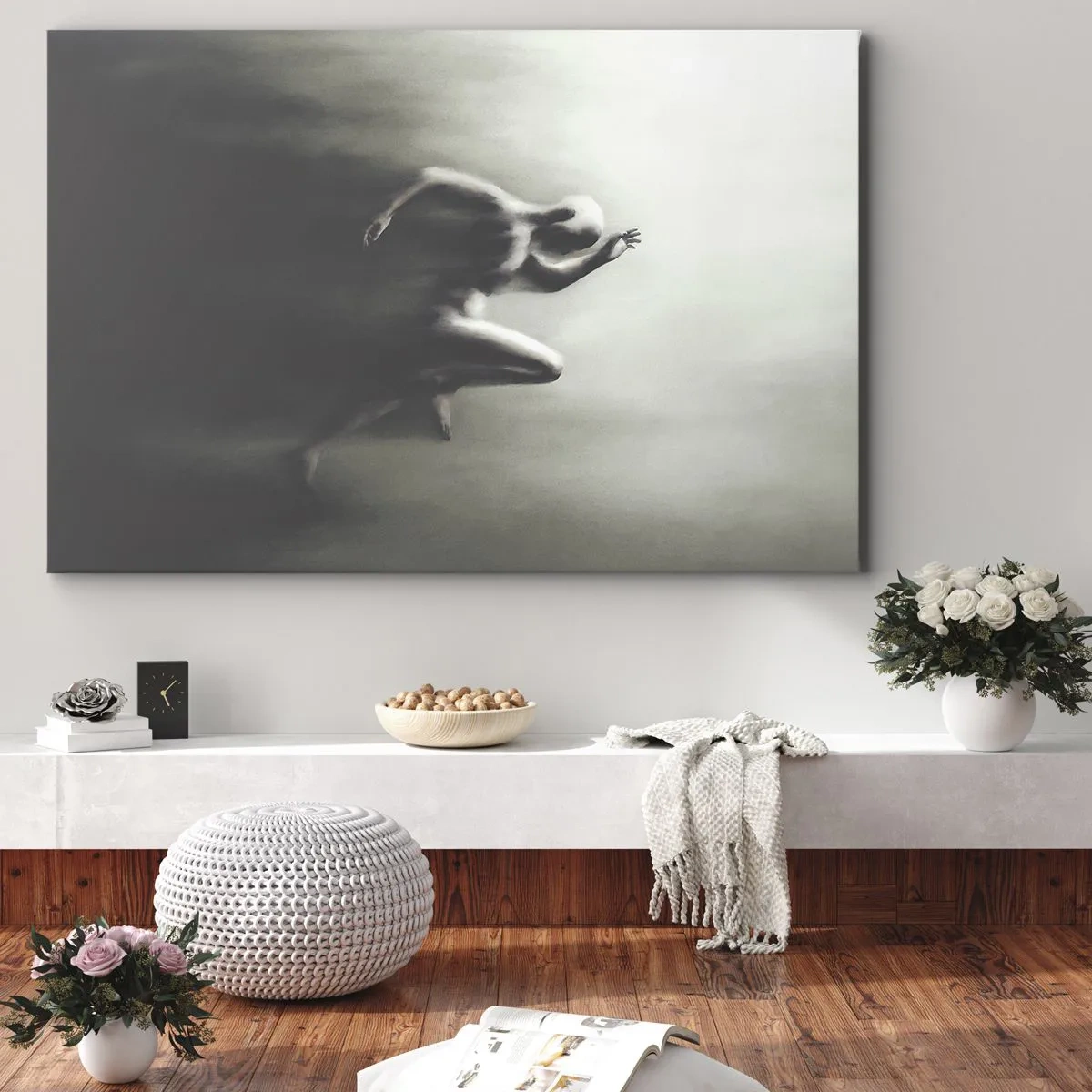 Obraz na plátně - Černobílá silueta běžící postavy v dynamickém a surrealistickém stylu. - 70x50cm - Nezastavitelný - Moderní nástěnná dekorace do obývacího pokoje a ložnice ARTTOR