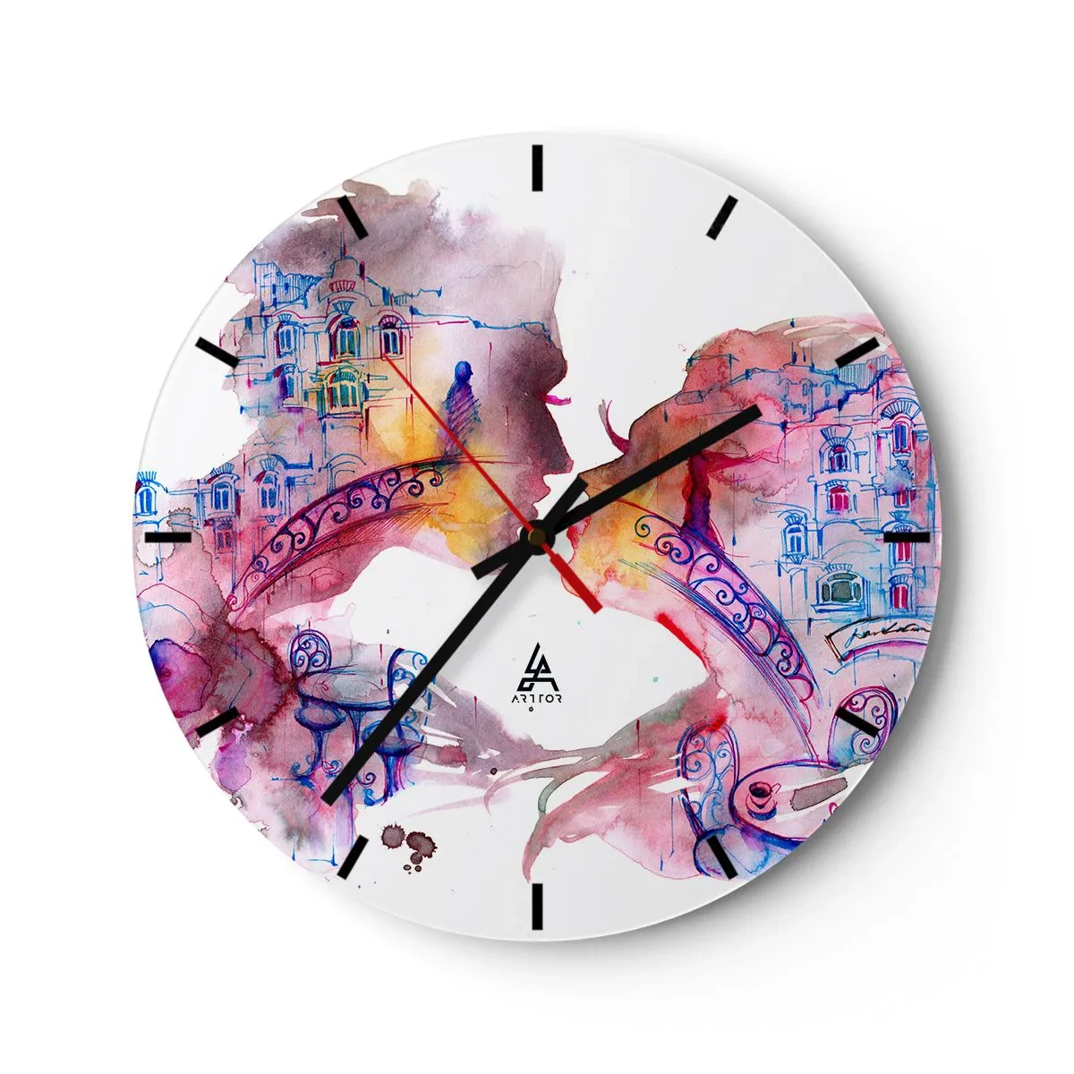 Nástěnné hodiny - Barevná grafika s mostem a architekturou v pozadí - 30x30cm - Tajemný most vzdychání - Moderní nástěnná dekorace do obývacího pokoje, kuchyně a ložnice ARTTOR