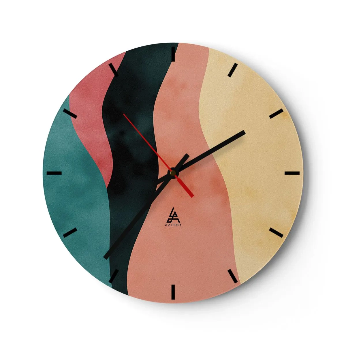 Nástěnné hodiny - Barevné vlnité pruhy v odstínech tyrkysové, černé, růžové a žluté - 30x30cm - Kompatibilní nesoulad - Moderní nástěnná dekorace do obývacího pokoje, kuchyně a ložnice ARTTOR