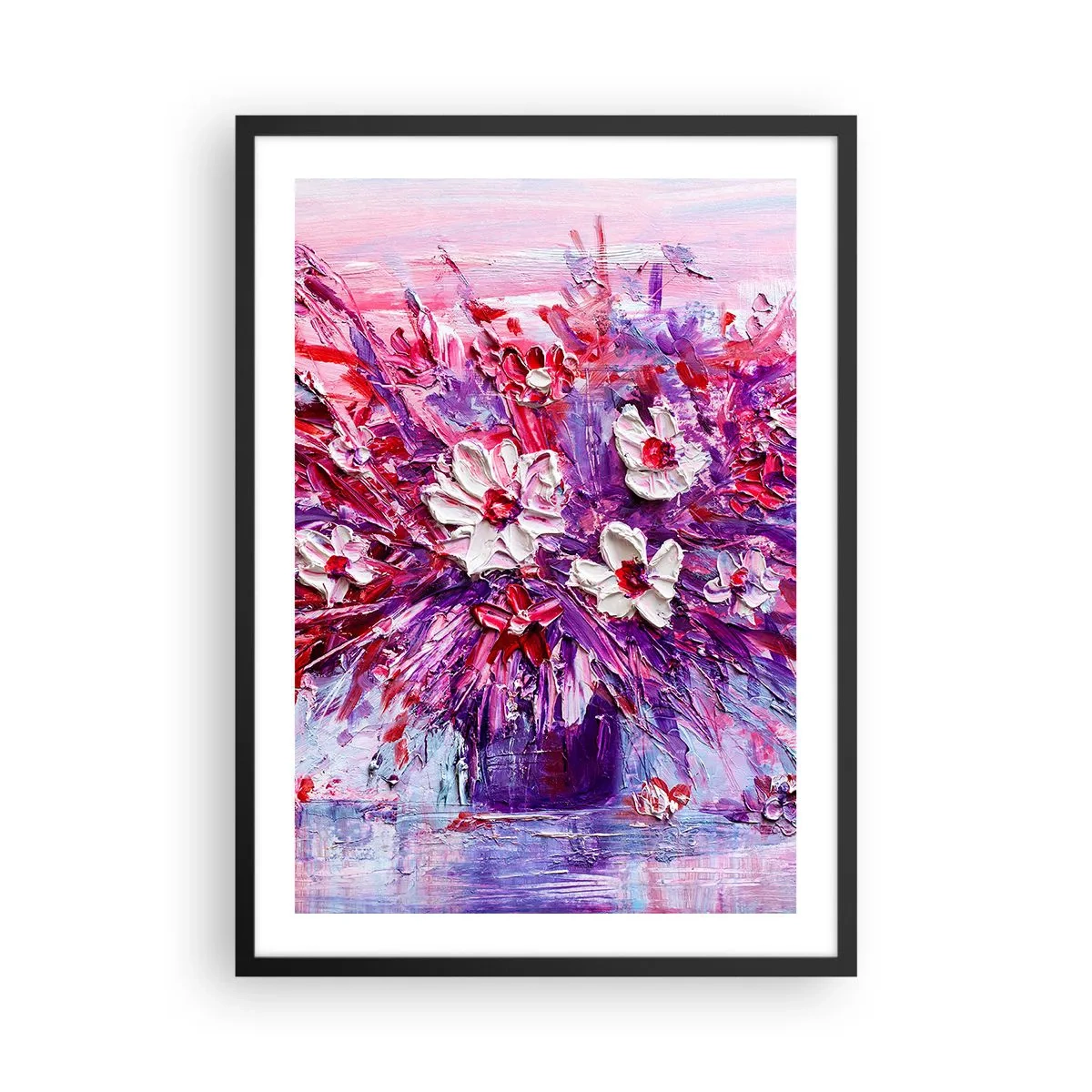 Plakát v černém rámu - Kytice květin v odstínech růžové, fialové a bílé - 50x70cm - Nevinnost a vášeň - Moderní nástěnná dekorace do obývacího pokoje a ložnice ARTTOR