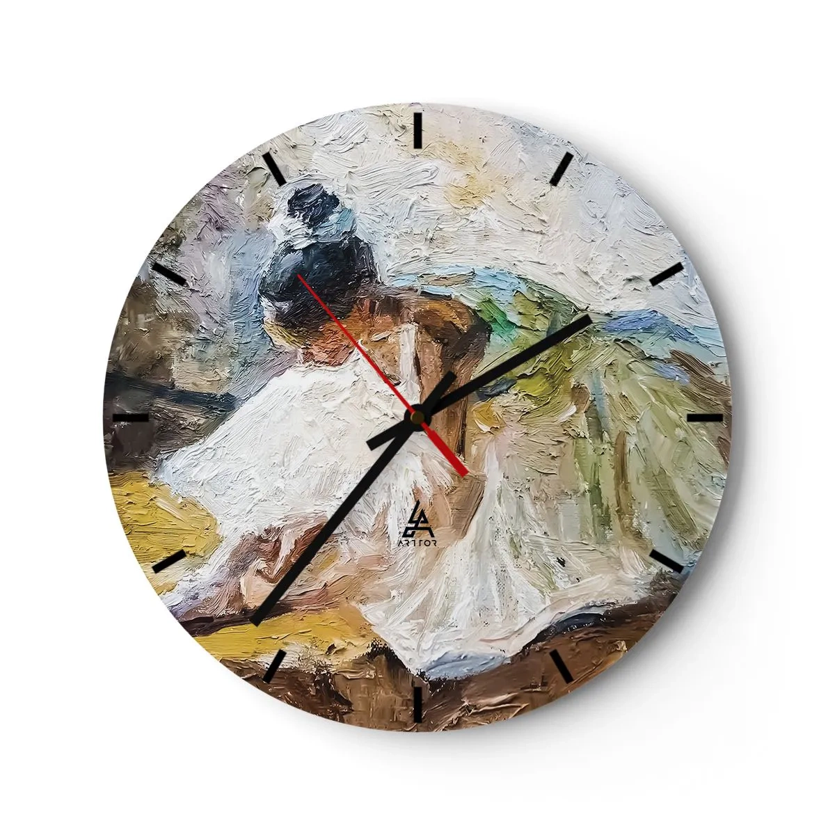 Nástěnné hodiny - Baletka v bílých šatech zobrazená v impresionistickém stylu. - 30x30cm - Z Degasova obrazu - Moderní nástěnná dekorace do obývacího pokoje, kuchyně a ložnice ARTTOR